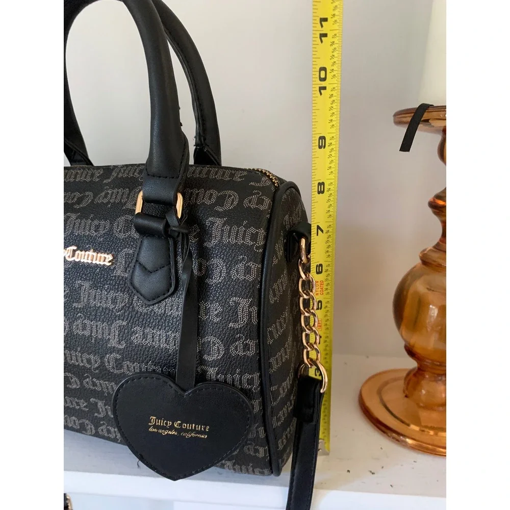 Juicy Couture Black Gothic Logo Barrel Satchel Crossbody Bag Heart Charm